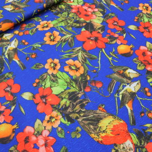 Metraža LORAN AC007 - 23 – Rojal Plavi Tropski Print (Ptice i Cveće) – Premium Tanja Skuba sa Elastinom
