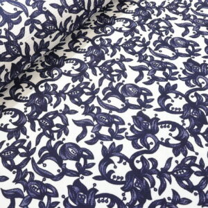 Double itwey Reljefna Elastična Likra sa Cvetnim Printom – Teget-Beli Dezen (Premium Kvalitet) PE012 - 66