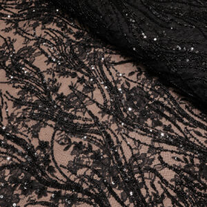 CRNA ČIPKA ELEGANCE FRENCH CP067 - 30 | Ekskluzivna Čipka sa Kristalima i Perlama